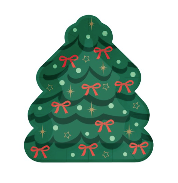 A Christmas tree-shaped paper plate on a plain white background, decorated with red bows, gold stars, and light green ornaments.