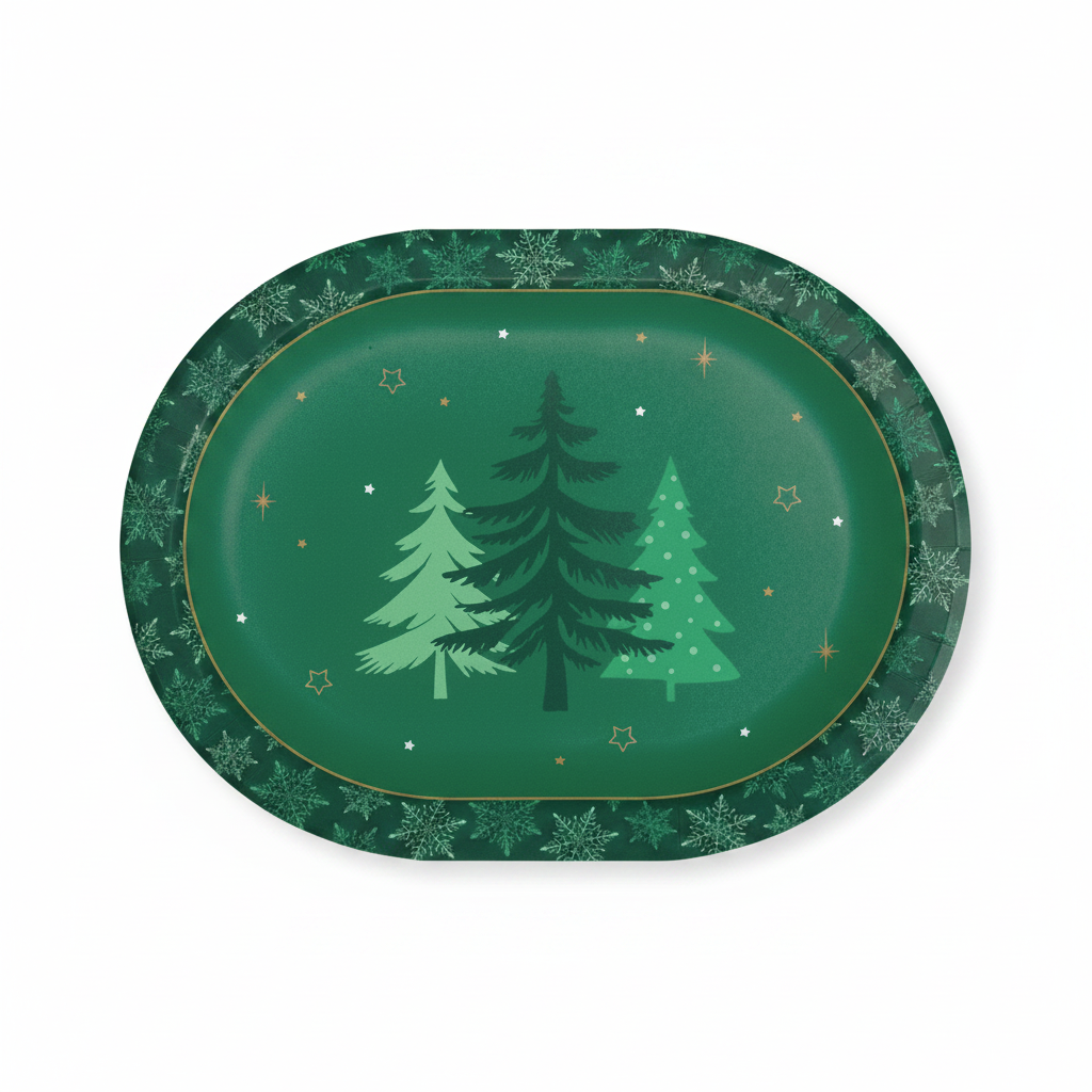 A green oval holiday party plate with a border of snowflakes and three Christmas trees in the center, shown on a white background.
