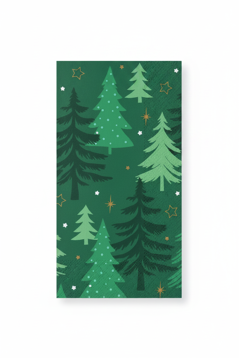 Green patterned paper napkins featuring a Christmas tree forest design with white stars and dots, shown layered on a white background.