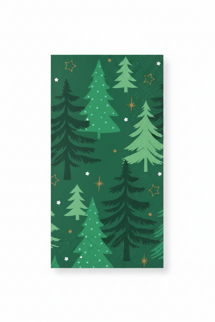 Green patterned paper napkins featuring a Christmas tree forest design with white stars and dots, shown layered on a white background.