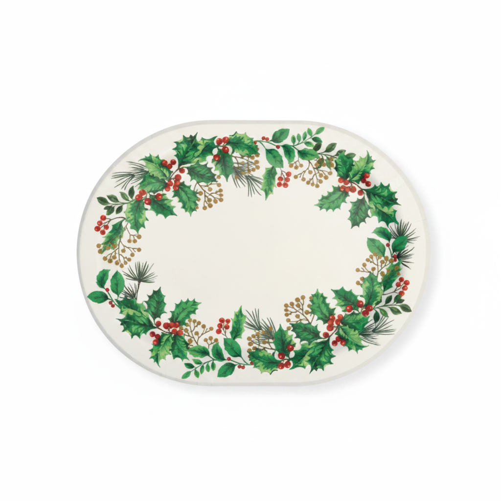 An oval paper platter with a green holly and berry wreath pattern around the rim, shown on a white background.
