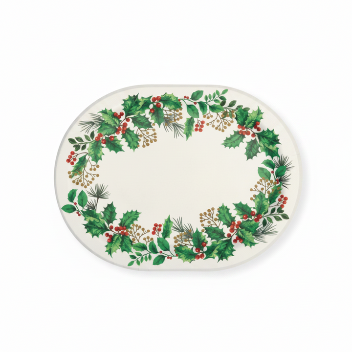 An oval paper platter with a green holly and berry wreath pattern around the rim, shown on a white background.