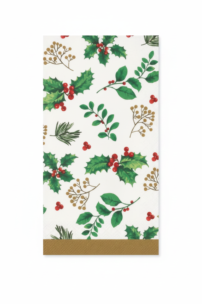 A white napkin printed with a festive holly and berry pattern, featuring green leaves, red berries, and gold decorative borders at the bottom.