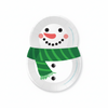 A white paper plate featuring a printed snowman design with a green striped scarf, black eyes and buttons, and a red smile. The plate is shown on a white background.