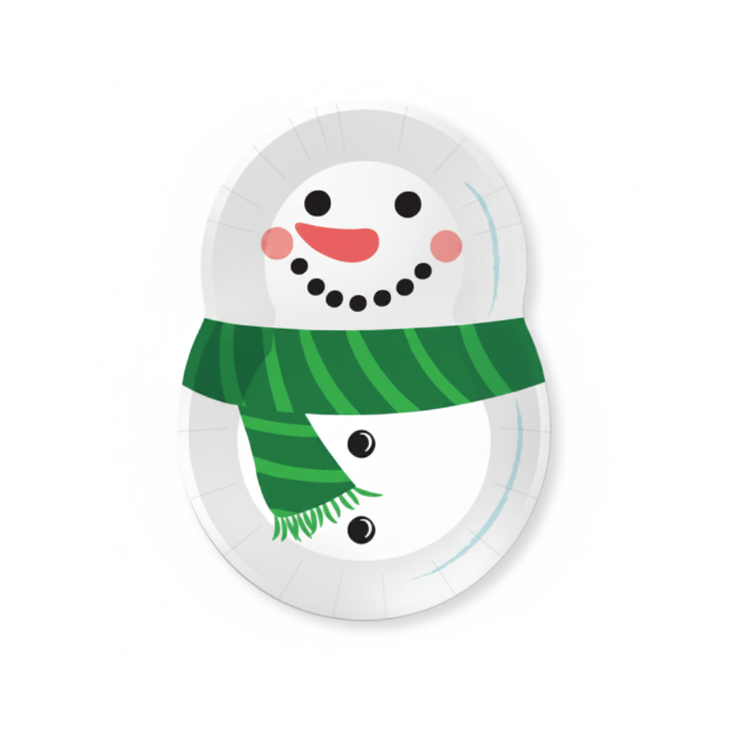 A white paper plate featuring a printed snowman design with a green striped scarf, black eyes and buttons, and a red smile. The plate is shown on a white background.