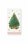 A Christmas-themed napkin featuring an illustration of a decorated Christmas tree with wrapped presents underneath, on a white background with a small gold star accent. 