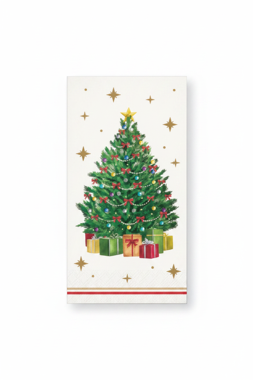 A Christmas-themed napkin featuring an illustration of a decorated Christmas tree with wrapped presents underneath, on a white background with a small gold star accent. 