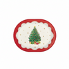 A Christmas-themed paper plate with a red scalloped border, cream center, and an illustration of a decorated green Christmas tree with wrapped presents on a white background.