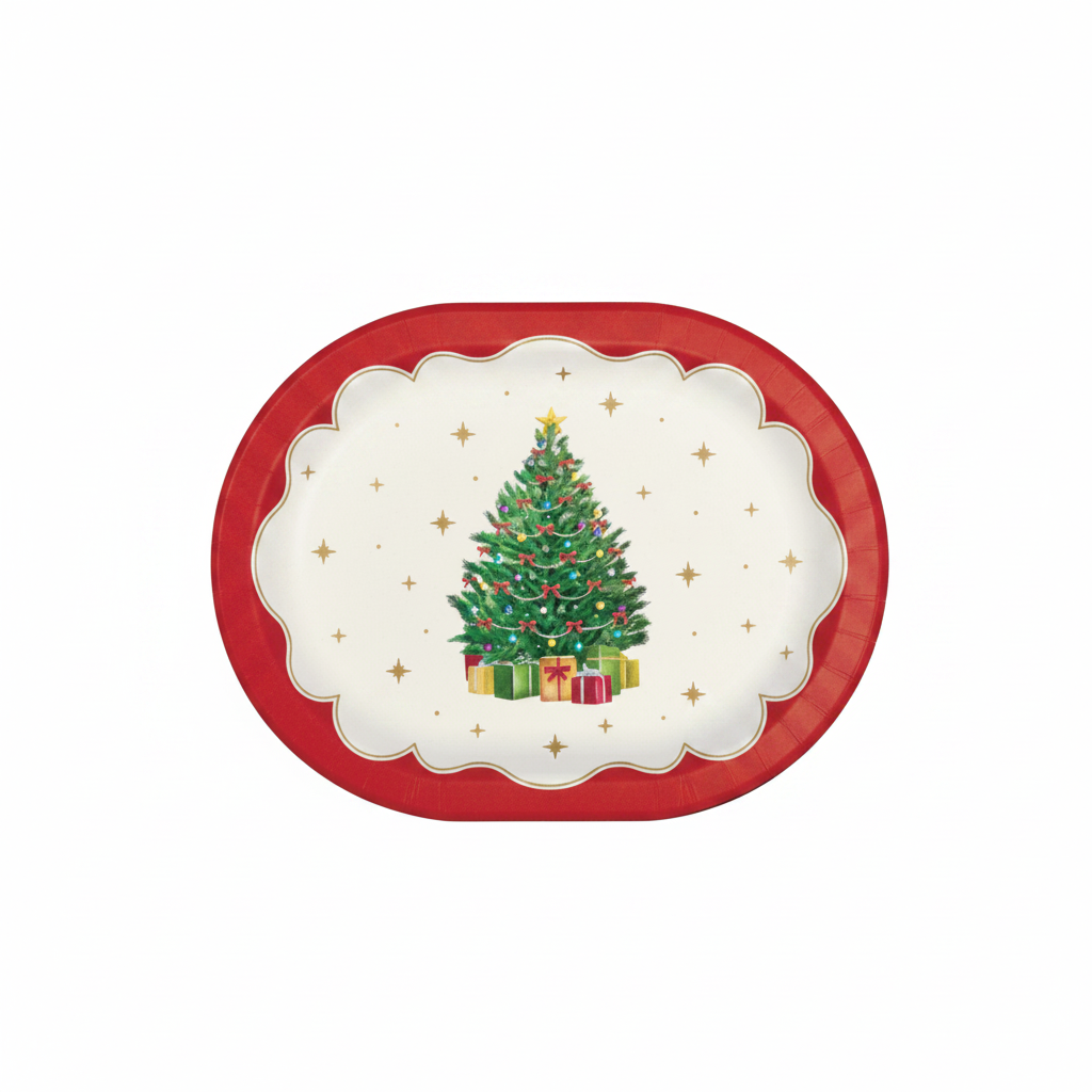 A Christmas-themed paper plate with a red scalloped border, cream center, and an illustration of a decorated green Christmas tree with wrapped presents on a white background.
