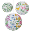 Three round hanging paper lanterns with white backgrounds and colorful wildflower prints, shown against a plain white background.