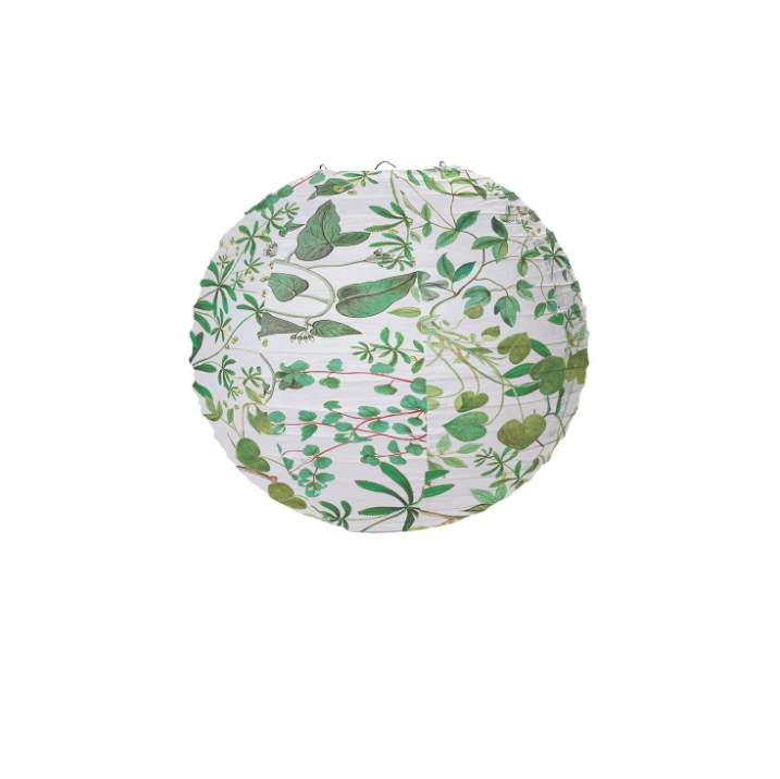 A round paper lantern featuring a botanical pattern of green leaves and vines on a white background, shown on a solid white backdrop.