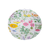 A round white paper lantern with a vibrant, all-over botanical print featuring yellow, pink, and blue flowers, green leaves, and butterflies, suspended by a thin metal wire frame against a plain white background.