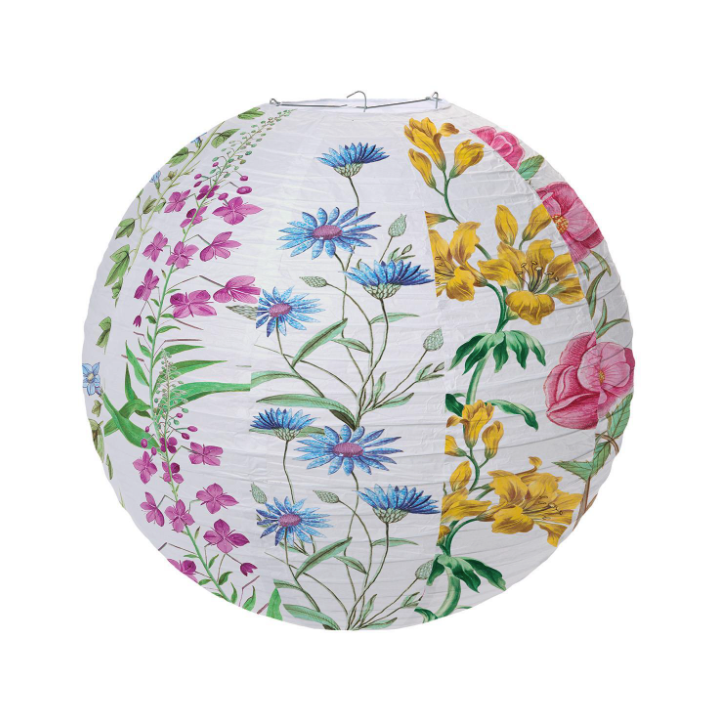 A round white paper lantern decorated with a vibrant, multi-colored floral print featuring blue cornflowers, pink and yellow wildflowers, and green stems, shown against a plain white background.