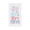 A white kitchen towel with 'Stars & Stripes Forever' text and fireworks design in red and blue.