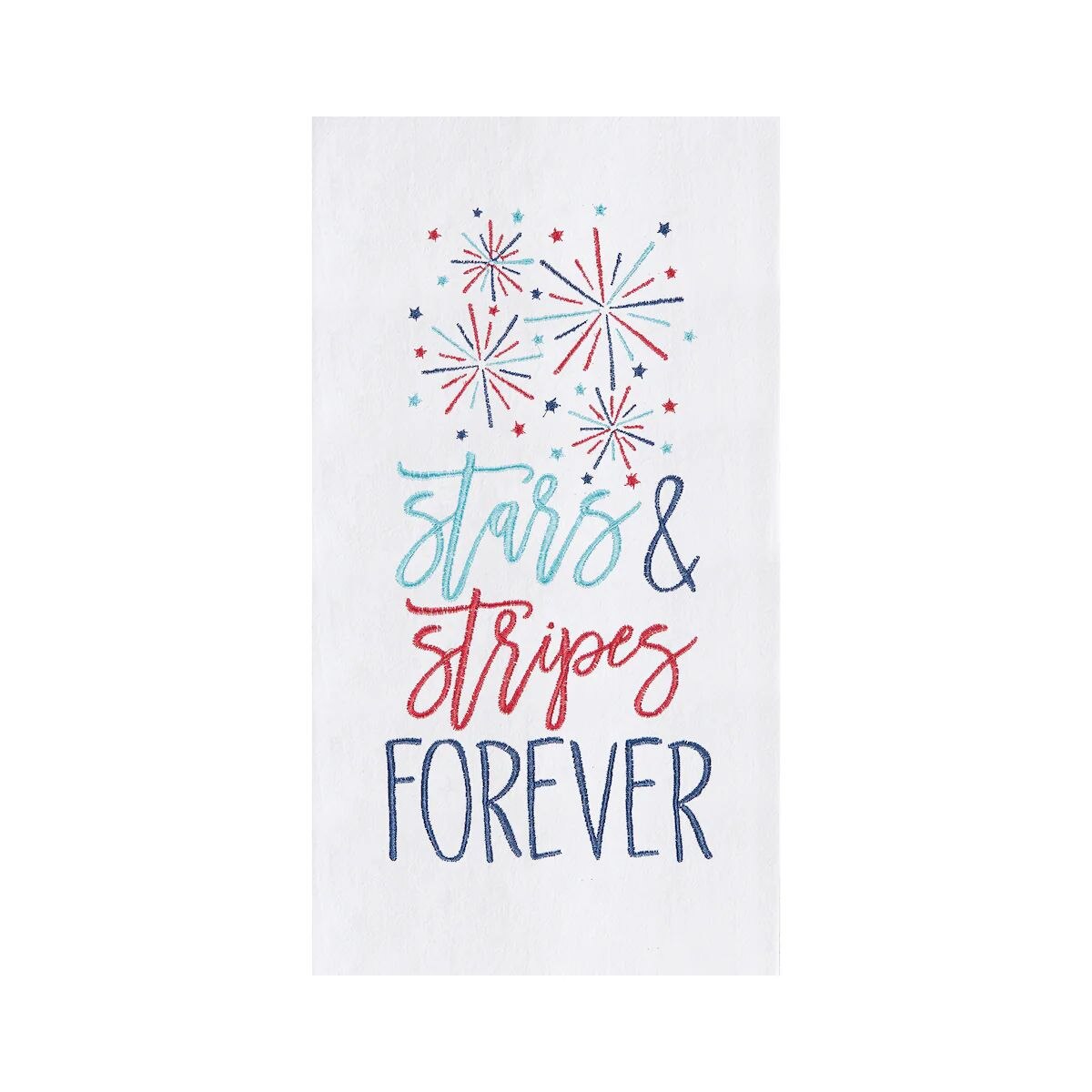 A white kitchen towel with 'Stars & Stripes Forever' text and fireworks design in red and blue.
