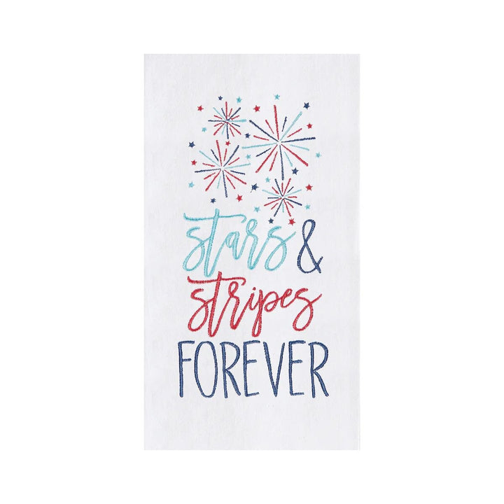 A white kitchen towel with 'Stars & Stripes Forever' text and fireworks design in red and blue.