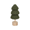 Green fabric tree on a wooden base against a white background.