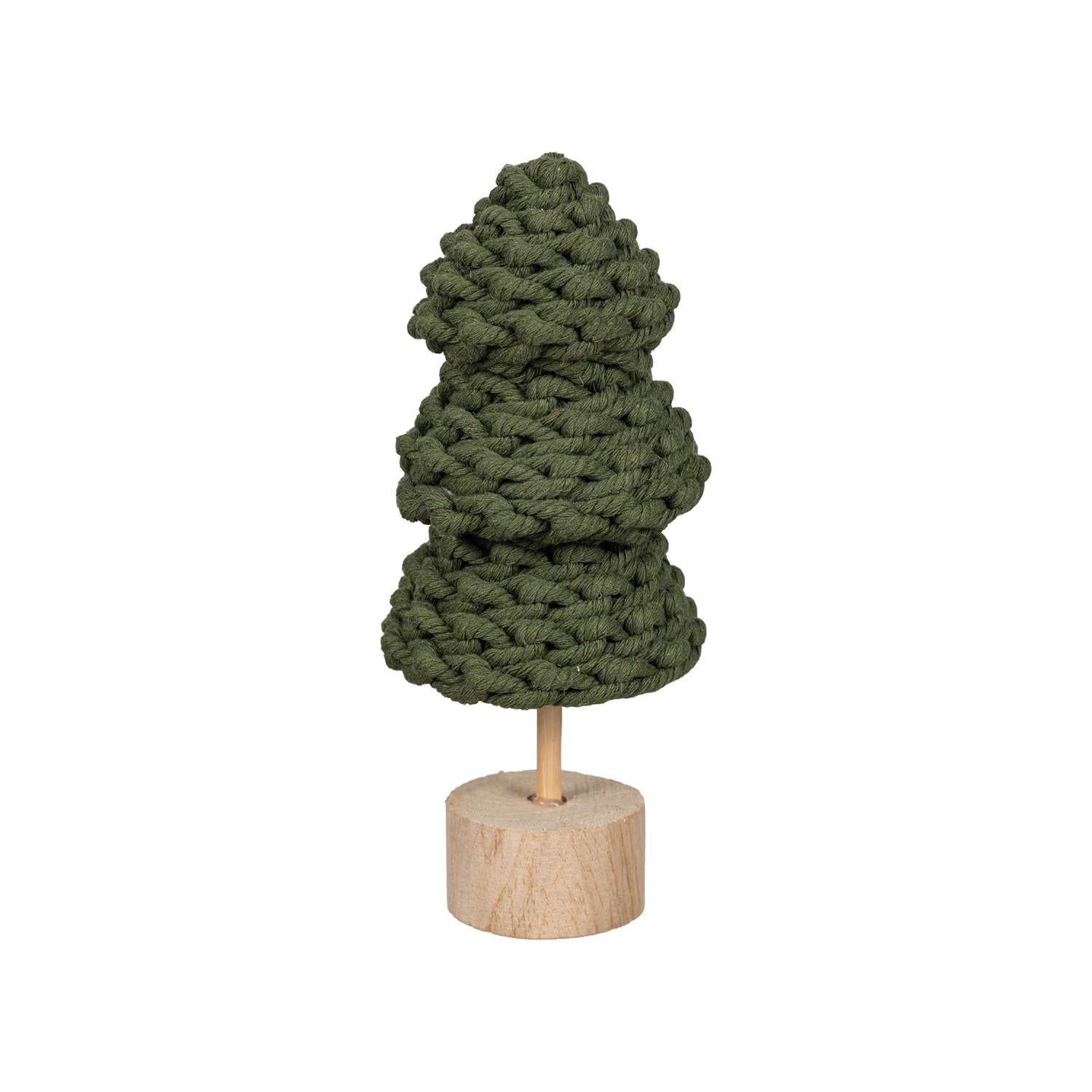 Green fabric tree on a wooden base against a white background.