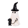 Halloween-themed figurine of a ghost with a black witch hat and a small black dog on a white background