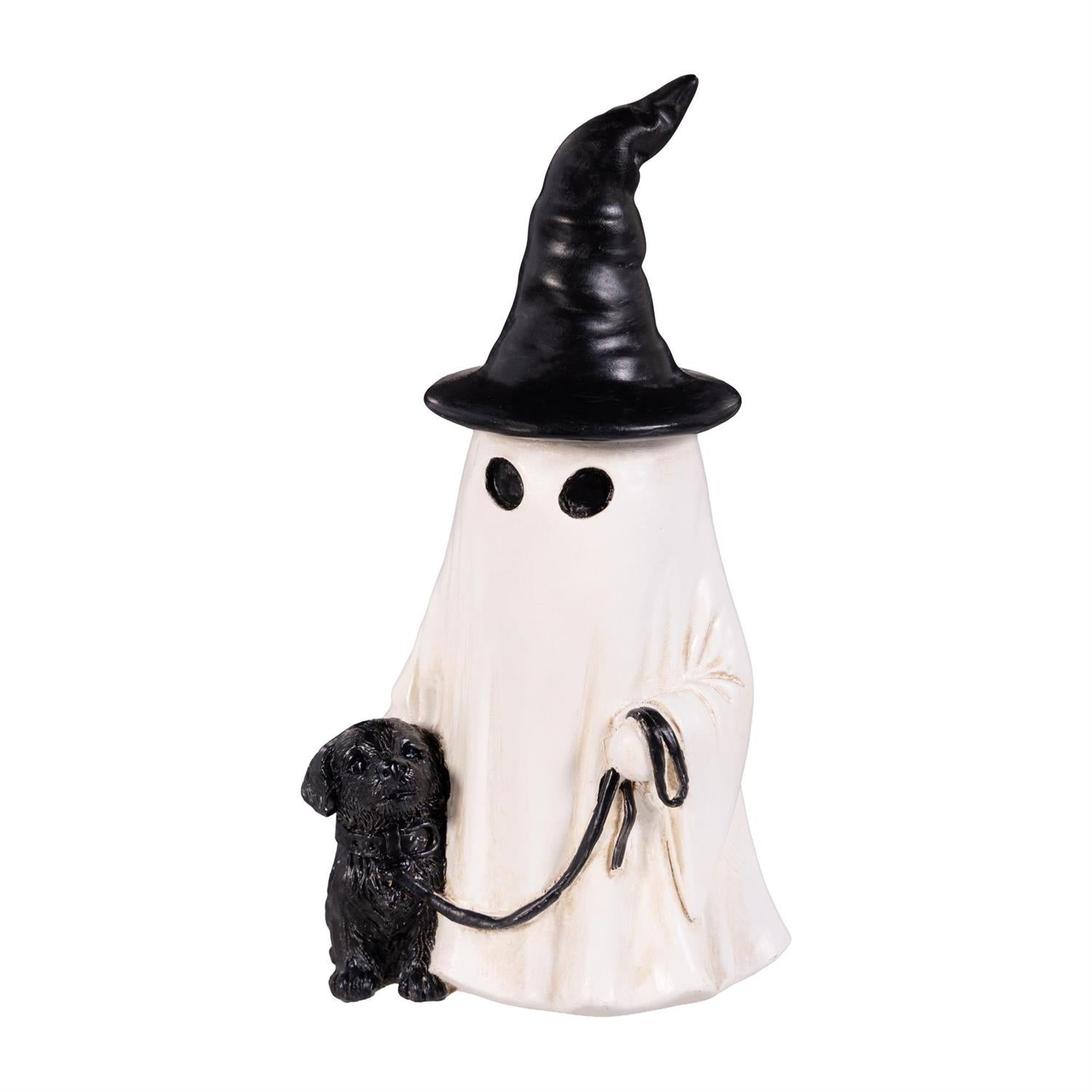 Halloween-themed figurine of a ghost with a black witch hat and a small black dog on a white background