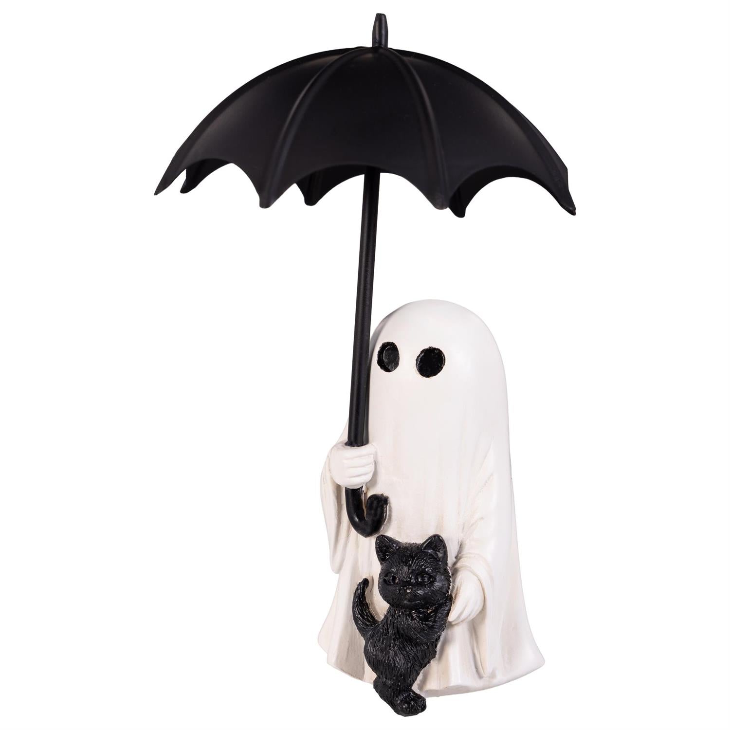 Ghost figurine holding a black umbrella with a small black cat on a white background