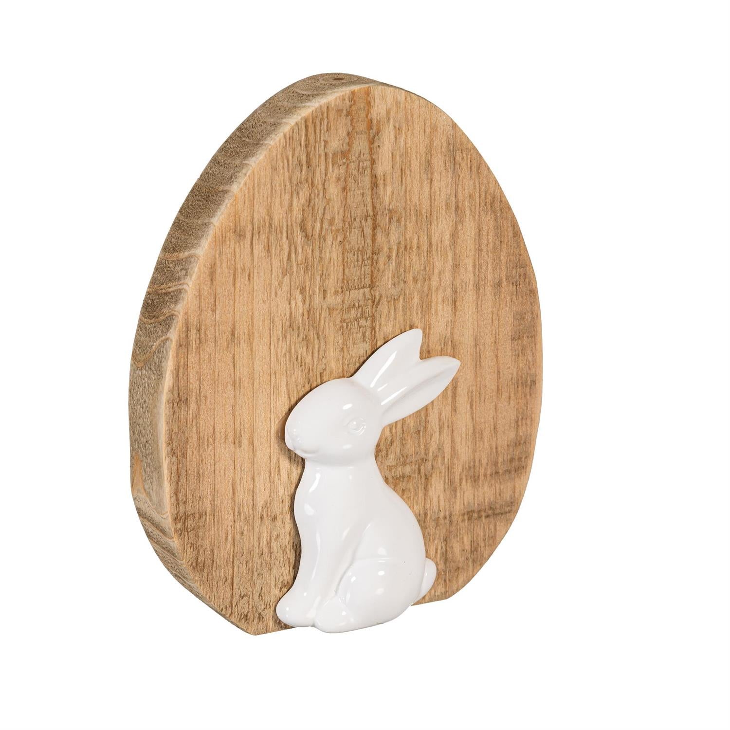 Wood Egg with Ceramic Bunny