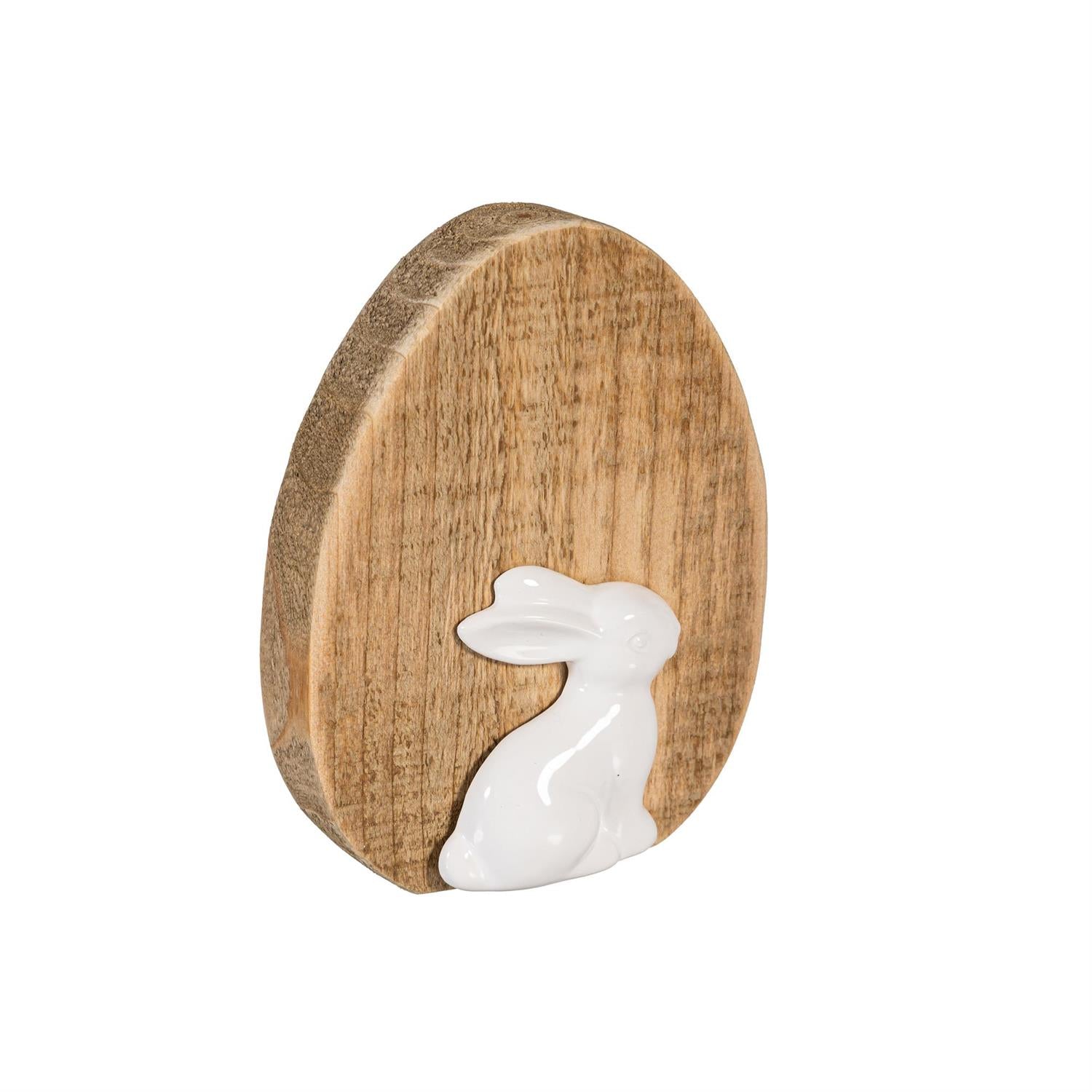 Wood Egg with Ceramic Bunny