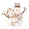 Decorative snowman family figure with top hats and scarves on a white background