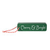 Green sign with 'Merry & Bright' text and red string on a white background