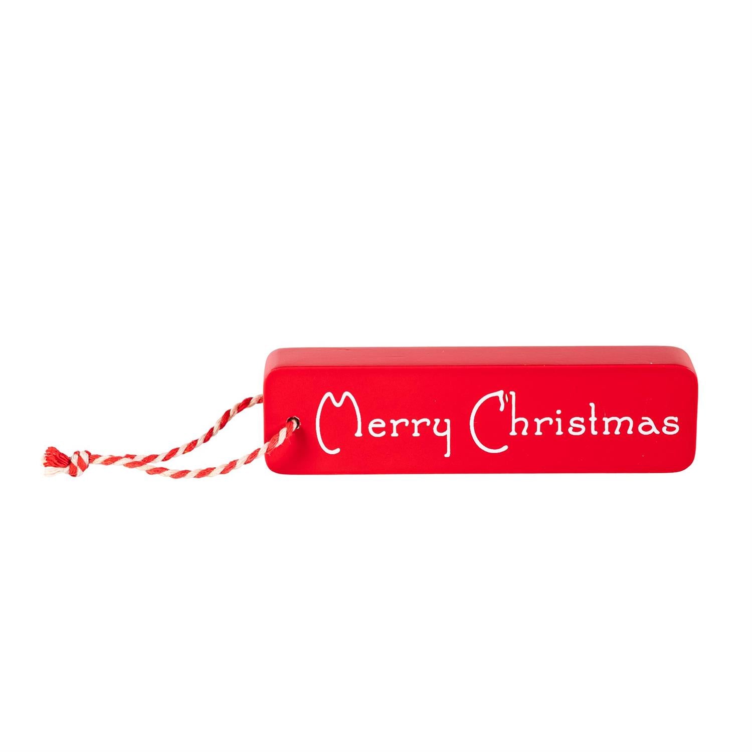 Red 'Merry Christmas' sign with string on a white background