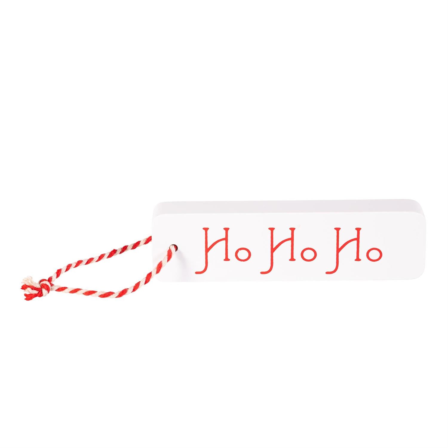 White sign with red 'Ho Ho Ho' text and red string on a white background