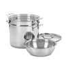 Set of stainless steel cookware including a pot and colander on a white background