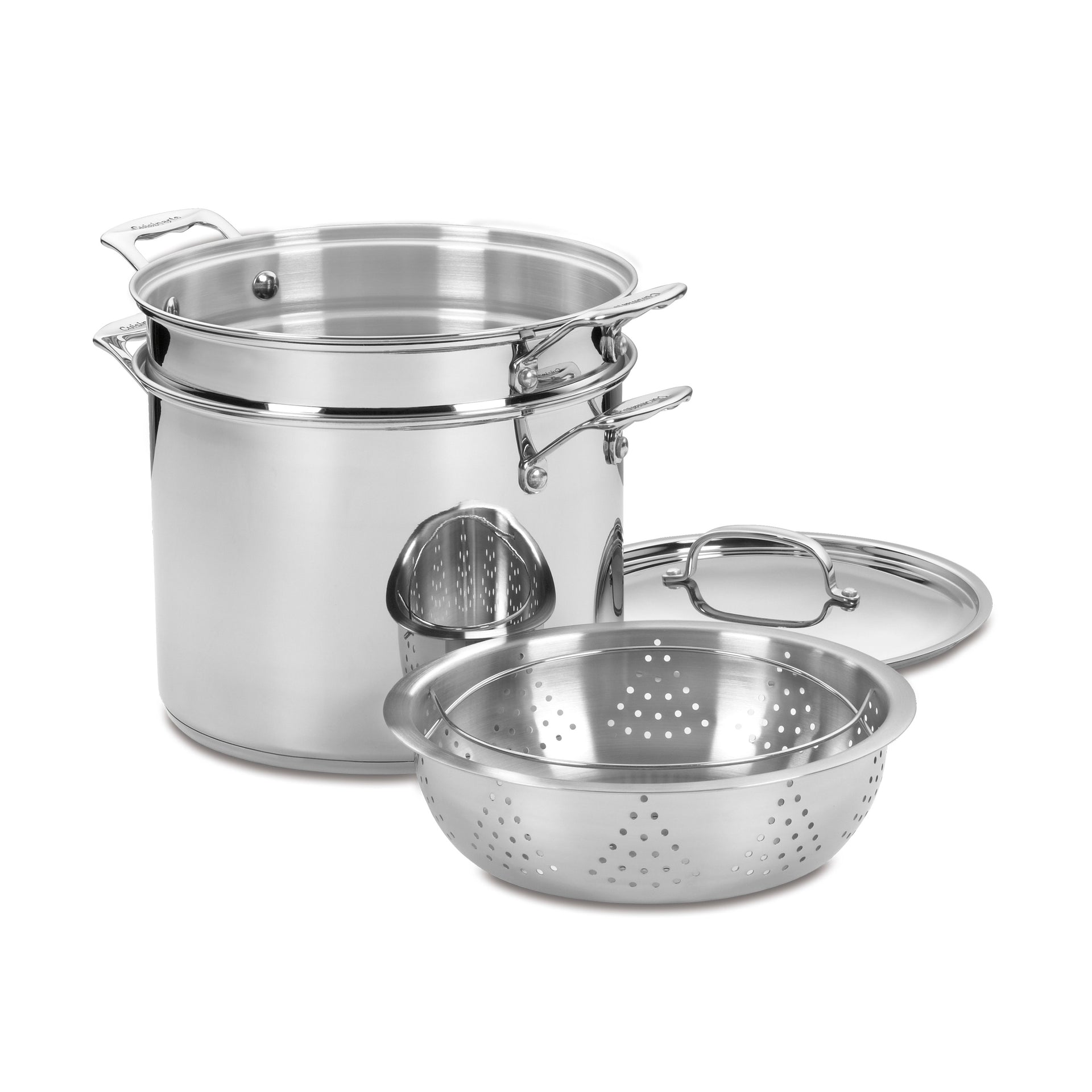 Set of stainless steel cookware including a pot and colander on a white background