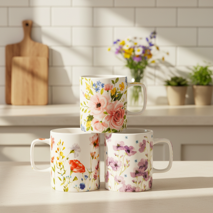 Three floral mugs stacked on a white background