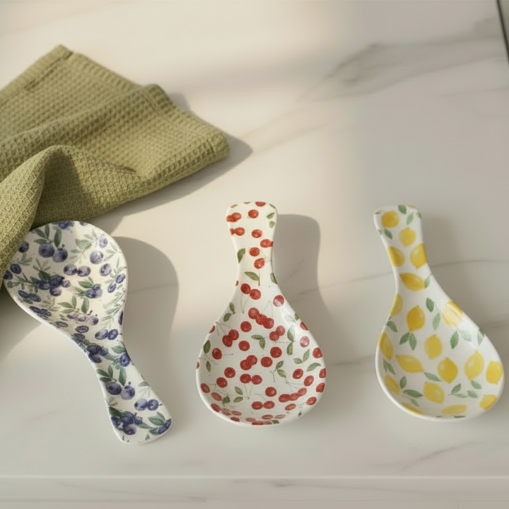 Three ceramic spoon rests with blueberry, cherry, and lemon patterns on a light surface.