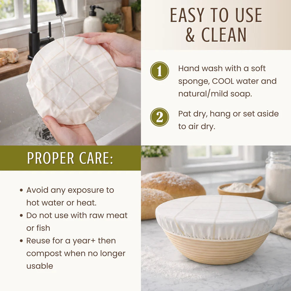 Instructions for using and cleaning a reusable food cover with images of hands washing it.