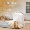Bag of bread with sliced bread on a kitchen counter, featuring text about storing bread.