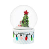 Christmas-themed snow globe with a tree and star on a striped base