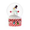 Snow globe with a snowman inside on a red and white striped base