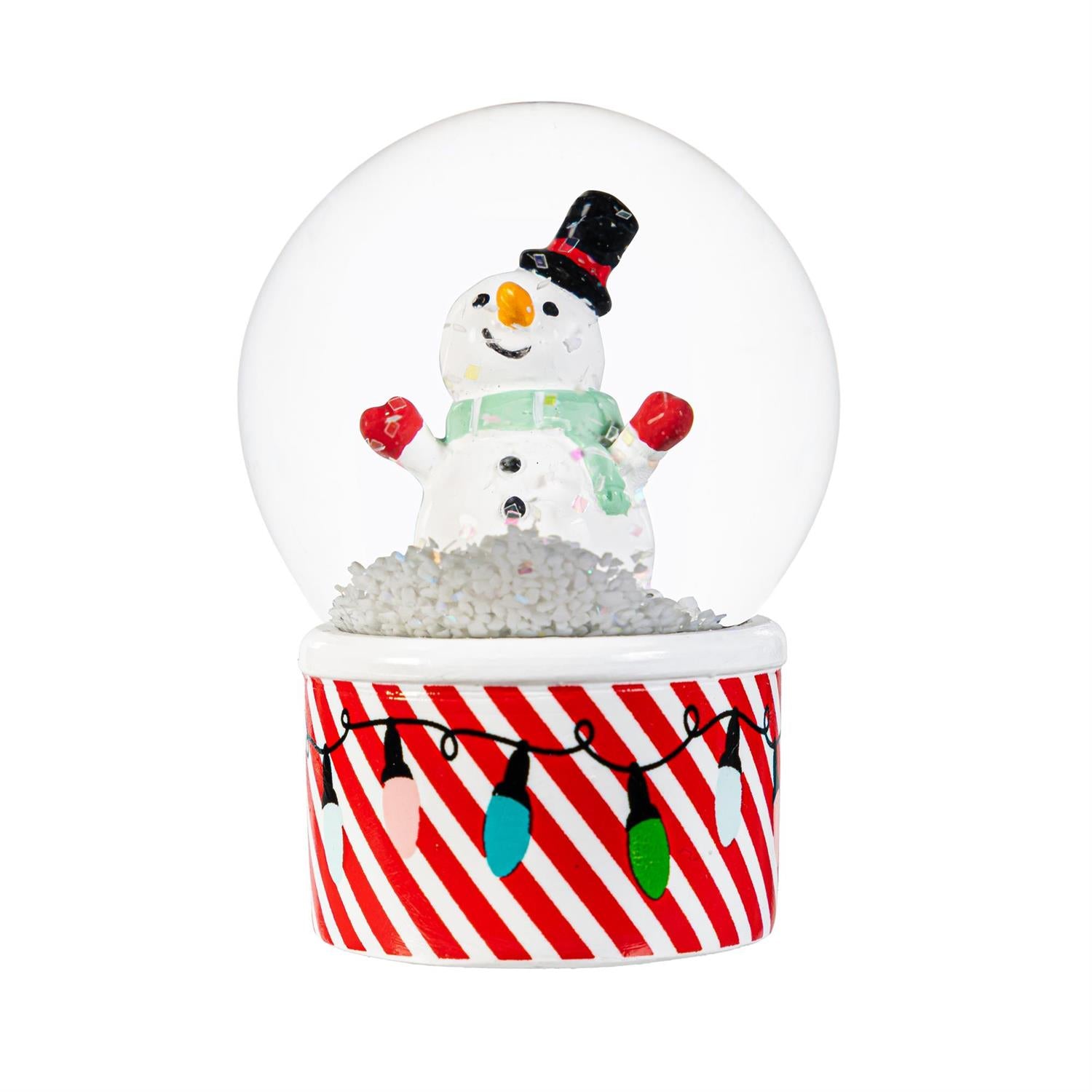 Snow globe with a snowman inside on a red and white striped base