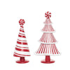 Two red and white striped Christmas trees on a white background