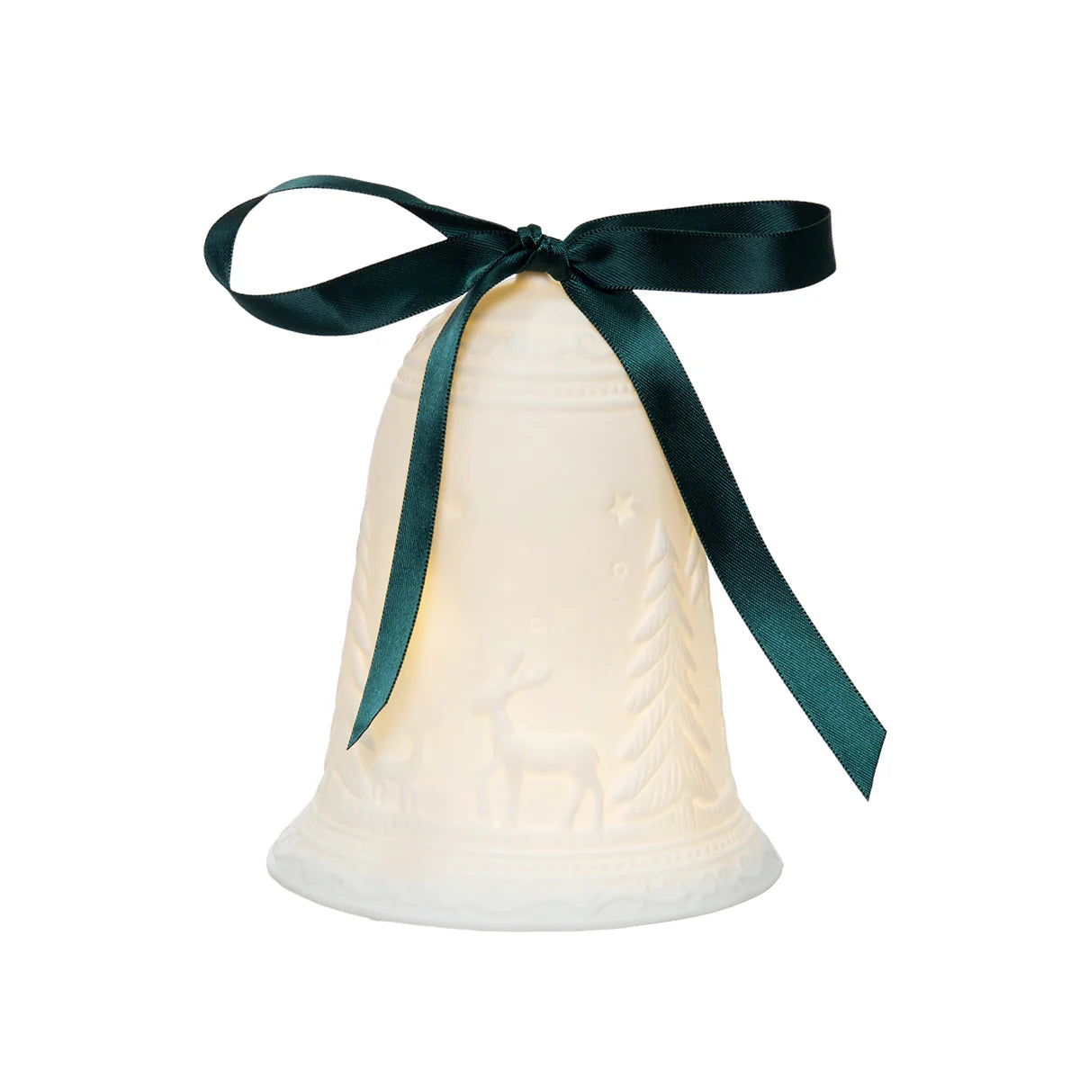 Decorative white bell with a green ribbon on a white background