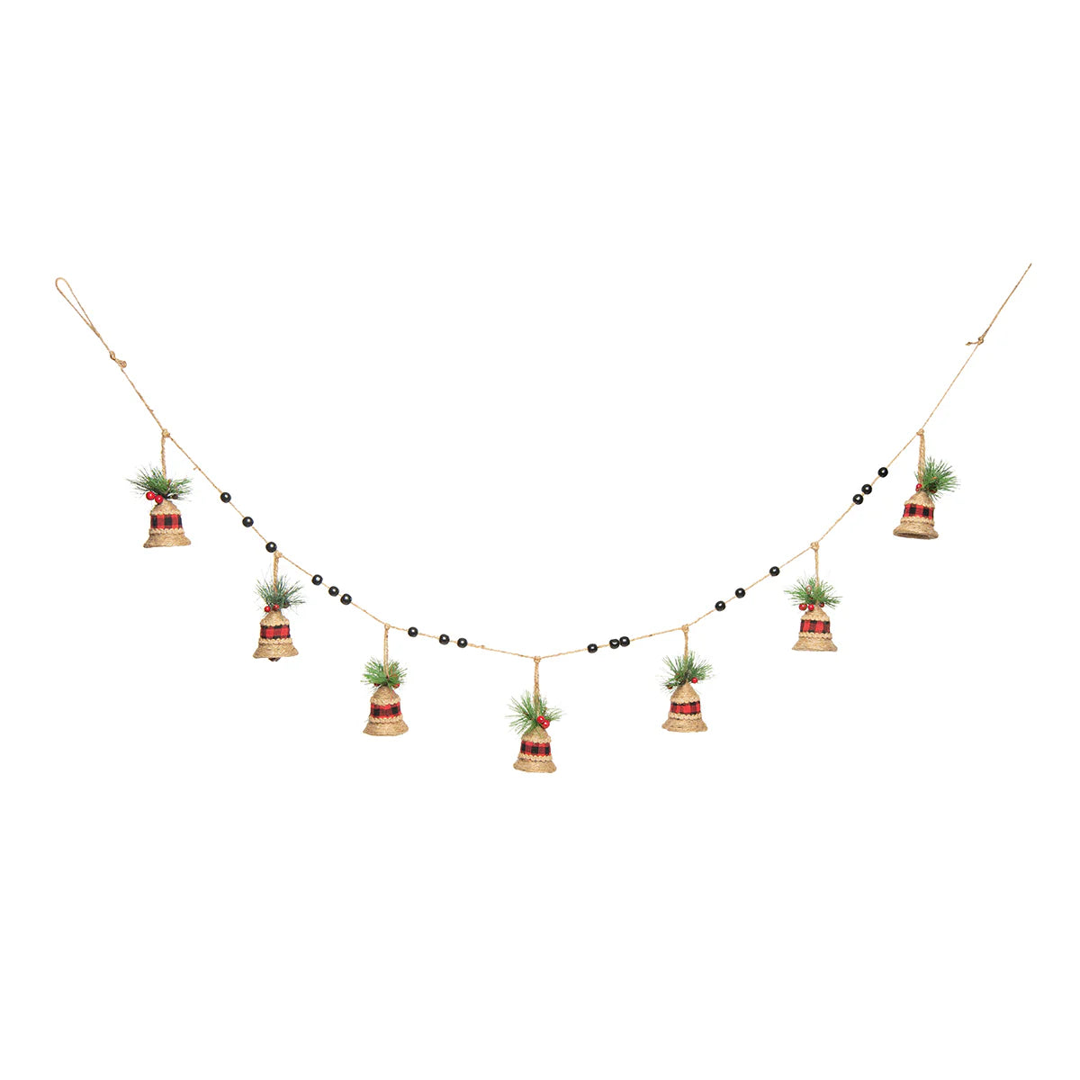 Decorative garland with bells and holly greenery and berries on a white background