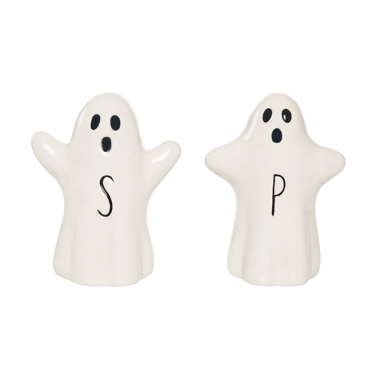 Two ghost-shaped salt and pepper shakers on a white background