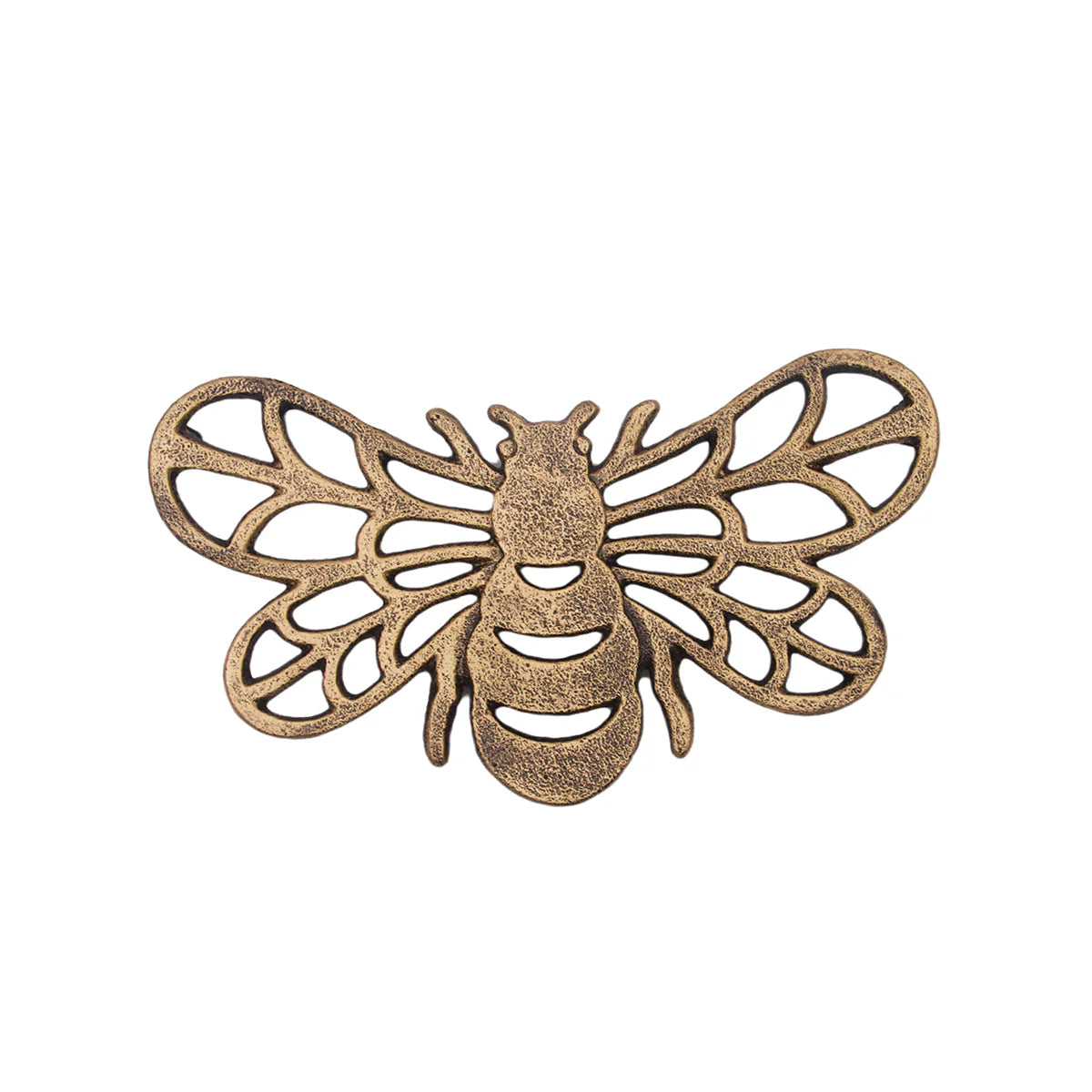 Bronze bee-shaped decorative trivet on a white background