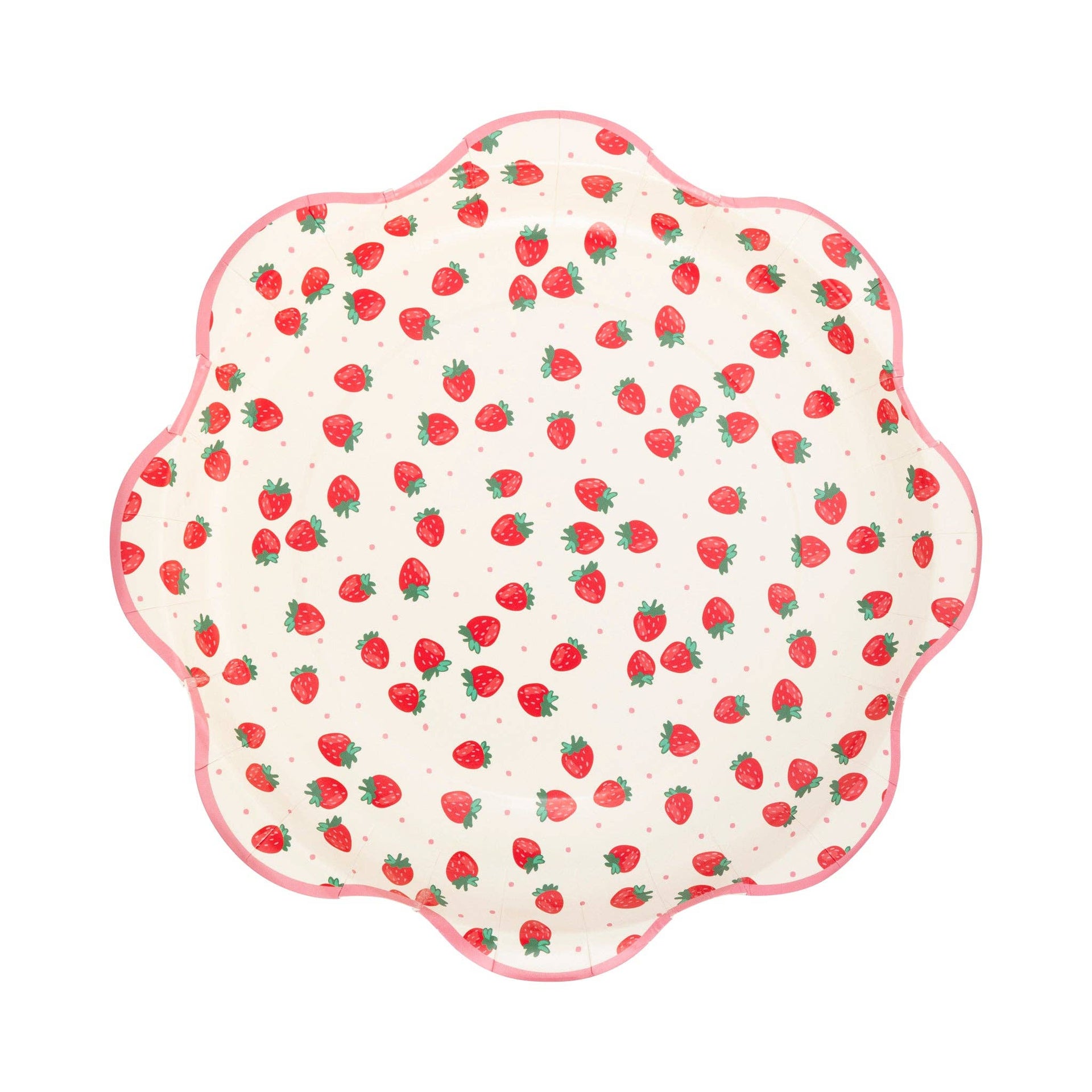Scalloped-edge plate with strawberry pattern on a white background