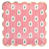 Scalloped-edge paper plate with pink stripes and white floral pattern