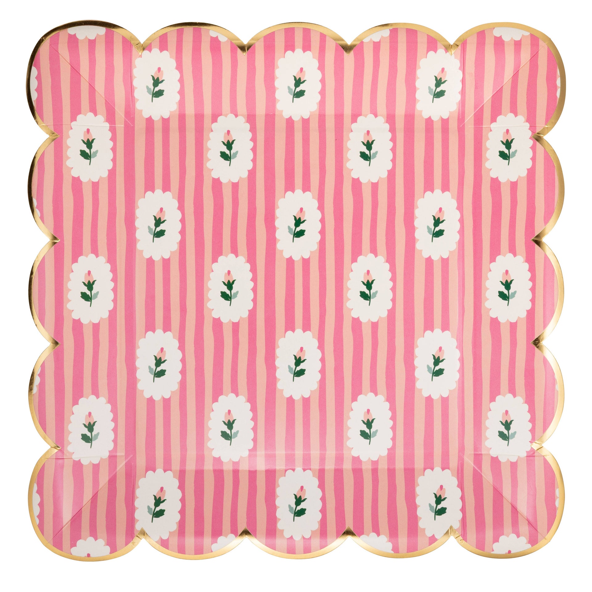 Scalloped-edge paper plate with pink stripes and white floral pattern