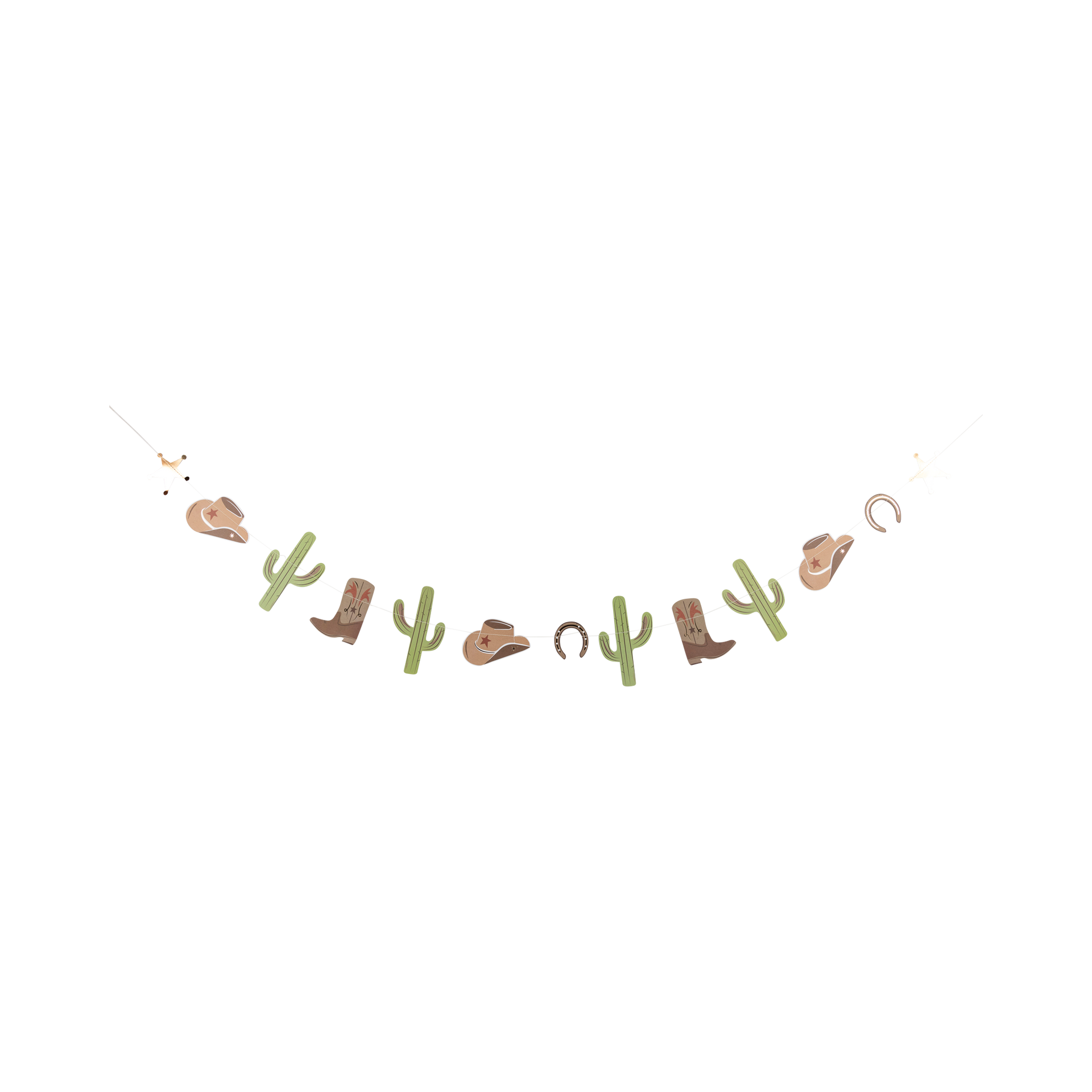 Decorative string with cactus, hat and boot shapes on a white background
