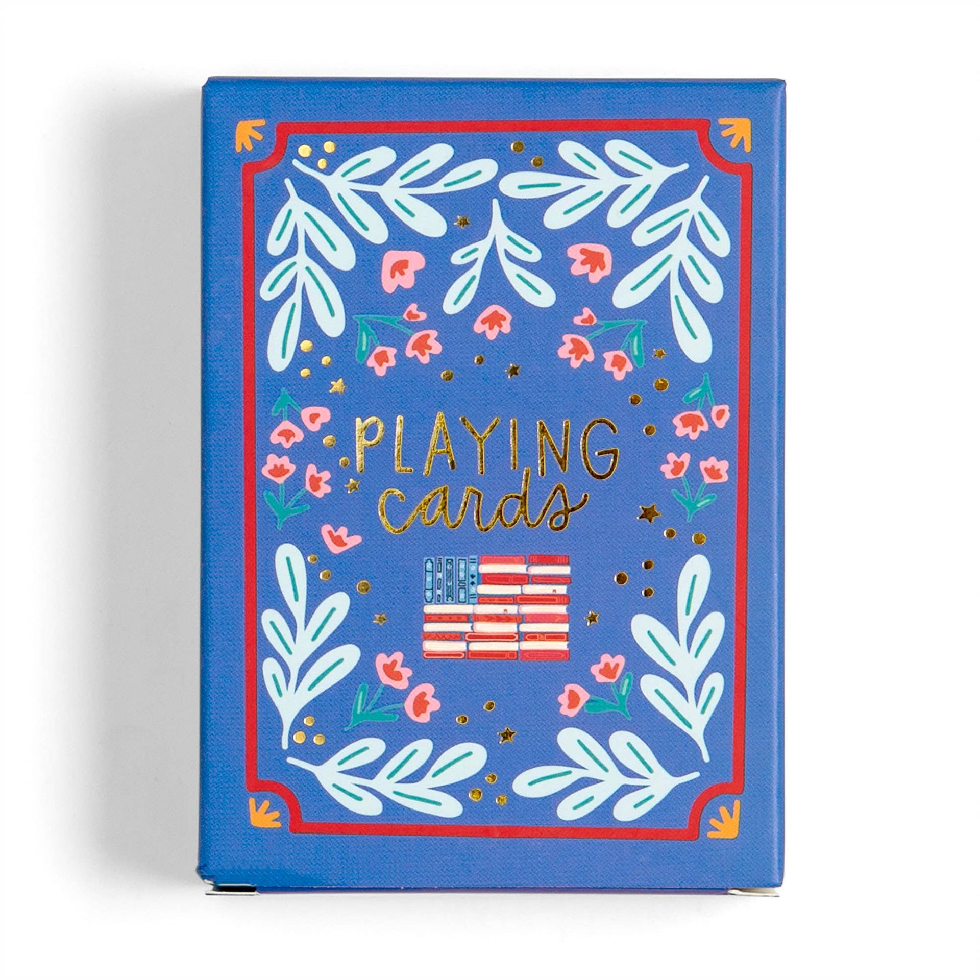 Blue box of playing cards with decorative design and American flag on a white background